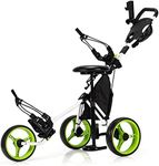 Tangkula Golf Push Pull Cart with Seat, Lightweight Folding 3 Wheels Trolley W/Storage Bag, Foot Brake, Adjustable Umbrella Holder & Seat, 4 Height Position Handle (Green)