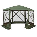 Outsunny 12' x 12' Hexagon Automatic Pop Up Screen Tents Camping Shelter Picnic Canopy Outdoor Sun Shade w/ Mesh Sidewalls and Carry Bag Green