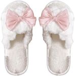 OYOANGLE Women's Bow Knot Furry Slippers Open Toe Faux Fur Fuzzy Indoor Slippers Casual House Slides White and Pink 10