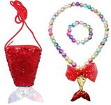 El Regalo Mermaid Princess Girls Kids Necklace & Bracelet Set with Coin Pouch - Sequins Mermaid Tail Coin Purse Necklace Bracelet Gifts for Girls/Kids/Toddlers (Red)