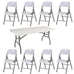 6ft Folding Table Plastic Heavy Duty Trestle for Garden Patio BBQ Picnic Party Dining Camping Catering Market White with Carrying Handle (6ft Folding Table and 8 x Folding Chairs)