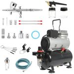 ABEST Complete Professional Airbrush Compressor kit Multi-Purpose Airbrushing System with 2 Airbrushes: 0.2MM .3MM .5MM Dual action Gravity Feed, Single-action 0.8mm siphon feed, and Cool Runner Professional Airbrush Compressor with tank
