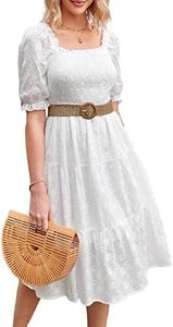 Sissyaki Women's Summer Cotton Midi Dress Square Neck Short Sleeve Tiered Long Dress Solid White Large