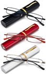 REAVEE 3 Pair Slim Pen Reading Glasses Tube Readers Small Reader Glasses with Portable Clip Case Spring Hinged Eyeglasses 1.0 Strength