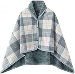 WINKEEY Women Multiway Plaid Poncho Shawl Wrap Fleeced Wearable Blanket Ultra Soft Sherpa Flannel Cape, Light Blue