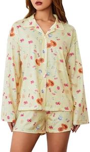 Women Cute Fruit Printing Pajamas Set Lounge Set 2 Piece Casual outfits Set Button Down Oversized Shirt Shorts Set, Yellow, Small