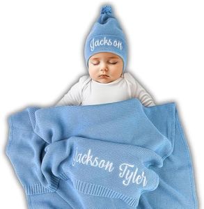 Personalized Baby Blanket, 100% GOTS Organic Certified, Customized Swaddle Blanket with Name, Receiving Blankets for Boys and Girls, Perfect Custom Gifts for Newborns, Kids and Baby Showers Blue