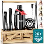 BARE BARREL® Cocktail Kit | Mixology Bartender Kit | Martini Cocktail Shaker Set | Home Bartending Tool Kit Accessories | Farmhouse Rustic Protable Stand & 35 Recipe Cards | Gift Set (Black)