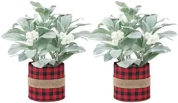 U'Artlines 2 Pcs Christmas Tabletop Decorations, Red Black Buffalo Plaid Artificial Mini Tabletop Christmas Tree Winter Flocked Lambs Ear with Berries for Home Table Xmas Party Decoration