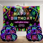 Simpeak 180 x 110cm Happy Birthday Banner with 18PCS Birthday Balloons Set, Fluorescent Black Birthday Party Decorations Birthday Background Party Photography Background Supplies for Boys Girls