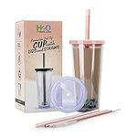 700ml Iced Coffee Cup with 2 Lids, 1 Thick & 2 Thin Straws & 2 Brushes (NO Sleeve) | Reusable Travel Tumbler for Bubble Tea, Boba, Smoothie, Milkshake or Any Drinks (Pink)