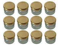 DINEMART Pack of 12pcs 31ML Mini Empty Glass Jar with Golden Metal Lid for Kitchen Storage/Spices/Jam/Pickles, Empty Cosmetic Glass Pot Jar for Body Cream,Salves,Bath Salts,Home & Beauty,31ML,Clear