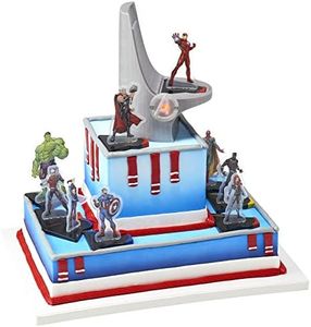 DecoSet® MARVEL Avengers Headquarters Signature Cake Decoration, 10-Piece Cake Topper with Iron Man, Thor, Hulk, Captain America, Black Widow, Black Panther And Avengers Tower, Food Safe