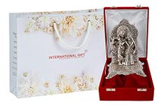 INTERNATIONAL GIFT® Silver Plated Radha Krishna Chowki God Idol Statue Oxidized Finish with Velvet Box Packing