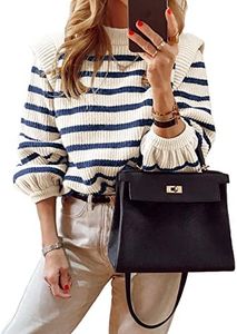 PRETTYGARDEN Women's Sweaters Casual Long Lantern Sleeve Crewneck Ribbed Knit Pullover Striped Jumper Tops Blouse, Striped Blue, Medium