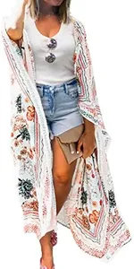 Women's Boho Long Floral Kimono Cardigans Beach Chiffon Summer Cardigan Dusters Plus Size Flowy Open Front Swimsuit Cover Up 3XL