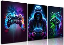 3Pcs Cool Gaming Canvas Wall Art Retro Video Game watercolor Posters Pictures Colorful Neon Gamepad Painting Prints for Boys Room Kids Game Room Accessories Bedroom Home Decoration Framed