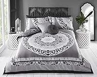 Sleepdown Duvet Cover Set - Black Grey - Paisley Mandala Geometric - Reversible Quilt Cover Easy Care Bed Linen Soft Cosy Bedding Sets with Pillowcases - Super King (220 cm x 260 cm)