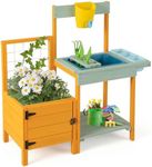 HONEY JOY Kids Outdoor Potting Bench w/See-Through Window, Planter Box and Garden Trellis, Kids Mud Outdoor Gardening Center Playset w/Real Faucet, Water Can, Built-in Sink, Rake and 2 Trowels