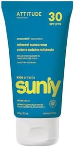 ATTITUDE Mineral Sunscreen for Kids, SPF 30, EWG Verified, Broad Spectrum UVA/UVB Protection with Zinc Oxide, Dermatologically Tested, Vegan, Unscented, 150 grams
