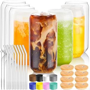 BEWAVE Drinking Glass Set of 8, 500ml Can Shaped Glasses Cups, Iced Coffee Glasses, Beer Tumbler, for Whiskey, Soda, Tea, Juice, Gift, with Lid, Straw and Sleeve