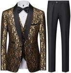 Mens 3 Piece Suit Slim Fit Dress Tux Suits for Men Solid Color Wedding Classic Tuxedo Set, Gold Floral, Large