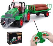 HuiJuKeJi Remote Control Tractor Toys, 1/24 Scale RC Truck with Realistic Wood Logs, Detachable Trailer & Light, Rechargeable Farm Vehicle Toys for Kids, Boys, Girls Age 6-12, Ideal Gift for Toddlers