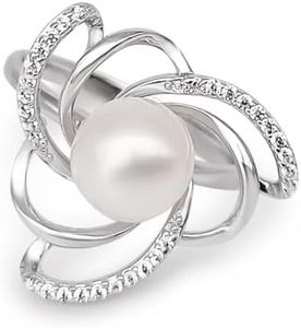 PERORNO Anillo de perla cultivada con circonitas en plata de ley 925, 8 mm, blanco y brillante