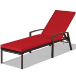 DORTALA Chaise Lounge Outdoor, Wicker Patio Lounge Chair with Cushion and Armrest, Adjustable Backrest, Rattan Reclining Chair for Garden, Balcony, Poolside, Red