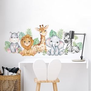 Tanlaby Selva Animales Vinilo Pared, Hipopótamo León Jirafa Elefante Cebra Pegatinas Pared Caricatura Autoadhesivo Removible Vinilos Decorativos para Habitación Bebé Niños Guardería Decoracion Pared