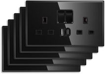 CNBINGO Double Switched Socket with 20W PD USB C and A Fast Charging Ports, Electric Power Sockets 2 Gang 13 Amp, Wall Outlet Black Tempered Glass Panel, 5 Pack