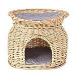 Indoor Wicker Cat Cave House: 2-Tier Kitten Wicker Basket Pet Sleeping Bed Play Furniture with Washable Soft Cushion Beige (41x26x33.5cm)