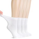 HUGH UGOLI Women Diabetic Ankle Socks, Super Soft & Thin Bamboo Socks, Wide & Loose, Non-Binding Top & Seamless Toe, 4 Pairs, White, Shoe Size: 10-12