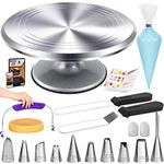 RFAQK 50PCs Cake Turntable Set - 12" Aluminium Alloy Cake Decorating Turntable- Professional Cake Decorating Kit with Straight & Offset Icing Spatula-Numbered Icing Nozzles & Bags- Cake Leveler