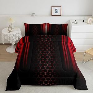 Manfei Abstract Ombre Comforter Set Queen Size, Red Honeycomb Quilt Set with 2 Pillowcases, Geometric Hexagon Stripes Bedding Set 3pcs for Kids Boys Girls Bedroom Decor Modern Duvet Insert