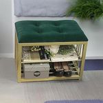 OlkaFred Metal Frame Shoe Bench: Shoe Rack with Cushioned Seat Ottoman Stoolfor Foyer, Living RoomBedroom, and Hallway Organizing Shoes Gold Green