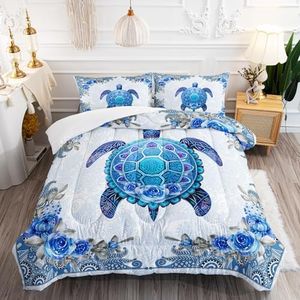 AILONEN Sea Turtle Comforter Set Queen Size, Coastal Beach Themed Bedding Set,Blue Bohemian Floral Comforter Sets,Tropical Bed in a Bag 3 Pieces, 1 Quilt and 2 Pillowcases