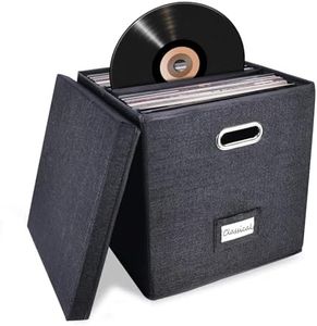 Sturdy Vinyl Record Storage Box - Album Storage Holds up 50+ Single Record, LP Storage Organizer Crate With Lid, Decorative Moving Box For Records, Solutions to Protect Your Precious Collection Black