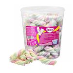 TOPLINE Frisia Rainbow Marshmallow Sweets Bulk - 1kg Twister Cable Mallows Confectionery with Cream Vanilla Tub of Sweets with Topline Card. Kids Sweets for Birthdays, Camping, Party Bag Fillers.