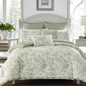 Laura Ashley Home - King Duvet Cover Set, Reversible Cotton Bedding, Includes Matching Shams with Bonus Euro Shams & Throw Pillows (Natalie Green, King)