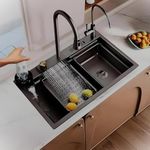 HAPPY HOMES Kitchen Sink with ANTI SCRATCH HONEYCOMB DESIGN Integrated Waterfall and Pull-down Faucet Sets/304 Grade Stainless Steel Sink with Cup washer and Drain Baskets (30x18x9 inch, Nano Coating)