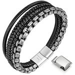 Speroto Mens Bracelets,Leather and Steel Bracelets, Chain Bracelets with Magnetic Clasp,Steel Bracelets for Men (Black,silver, 9.5