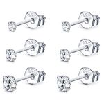 Sllaiss 3 Pairs Stud Earrings Set 925 Sterling Silver Earrings Set for Women AAAAA Cubic Zirconia Stud Earrings White Gold Plated Round CZ Stud Earrings 2/3/4MM