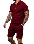 Babioboa Men's Zipper Polo suits Jogging Sweatsuits 2 Piece Golf short sets Summer Tracksuit Casual Daily(Winered,XL)