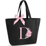 Vavabox A-Z Initial Personalized Tote Bag,Waterproof Gifts for Women, Bridesmaids,Mom,Teachers,Friends (D, Black)