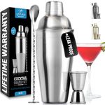 Zulay Kitchen 24 oz Stainless Steel Bar Cocktail Shaker Set - Mixed Drink Kit - Martini Shaker Set with Built in Strainer, Double Sided Jigger & Combo Muddler Mixing Spoon - Stainless Steel