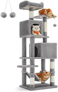 Feandrea Cat Tree, 61-Inch Cat Tower for Indoor Cats, Plush Multi-Level Cat Condo with 5 Scratching Posts, 2 Perches, 2 Caves, Hammock, 2 Pompoms, Light Gray UPCT192W01