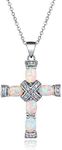 Barzel 18K White Gold Plated Created Fire Opal Cross Necklace (White Gold)