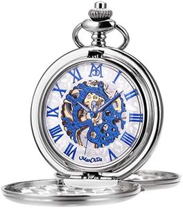 ManChDa Mechanical Roman Numerals Dial Skeleton Pocket Watches with Box and Chains for Mens Women, 8.Silver Blue, Small, 4. Silver Blue