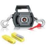 Portable Drill Winch of 1500 LB, Grey Handheld Drill Winch with 40 Foot Synthetic Rope, Rotate The Hook 360 Degrees, for Lifting & Dragging (Down Strap with D Rings)